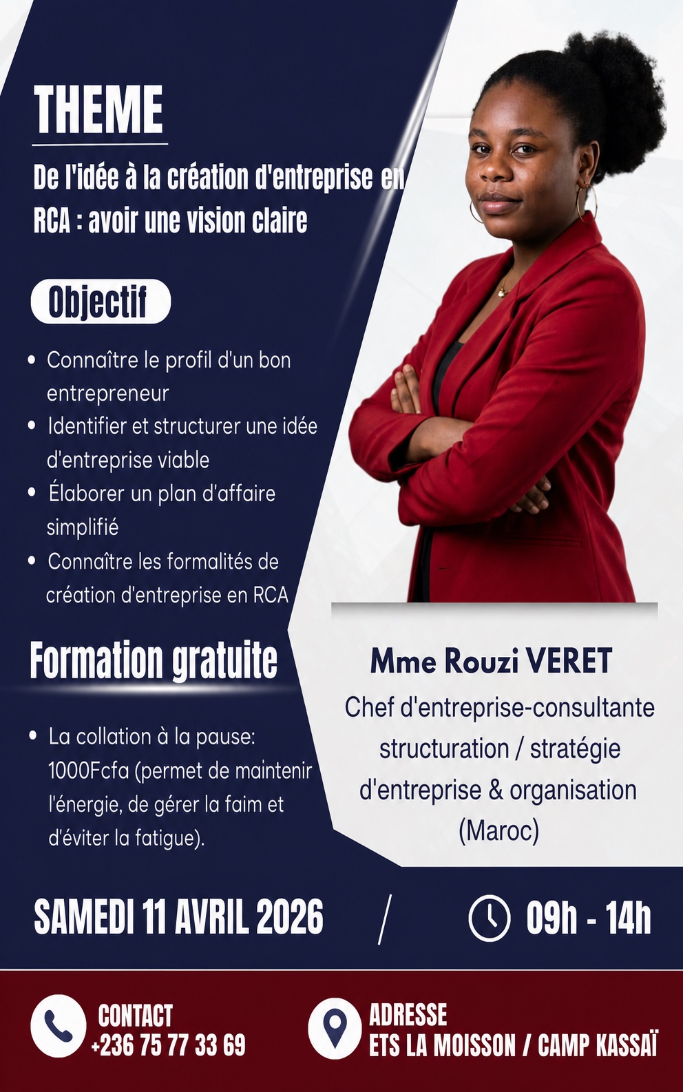 Formation gratuite De l’idée à la création d’entreprise en RCA avec Mme Rouzi VERET